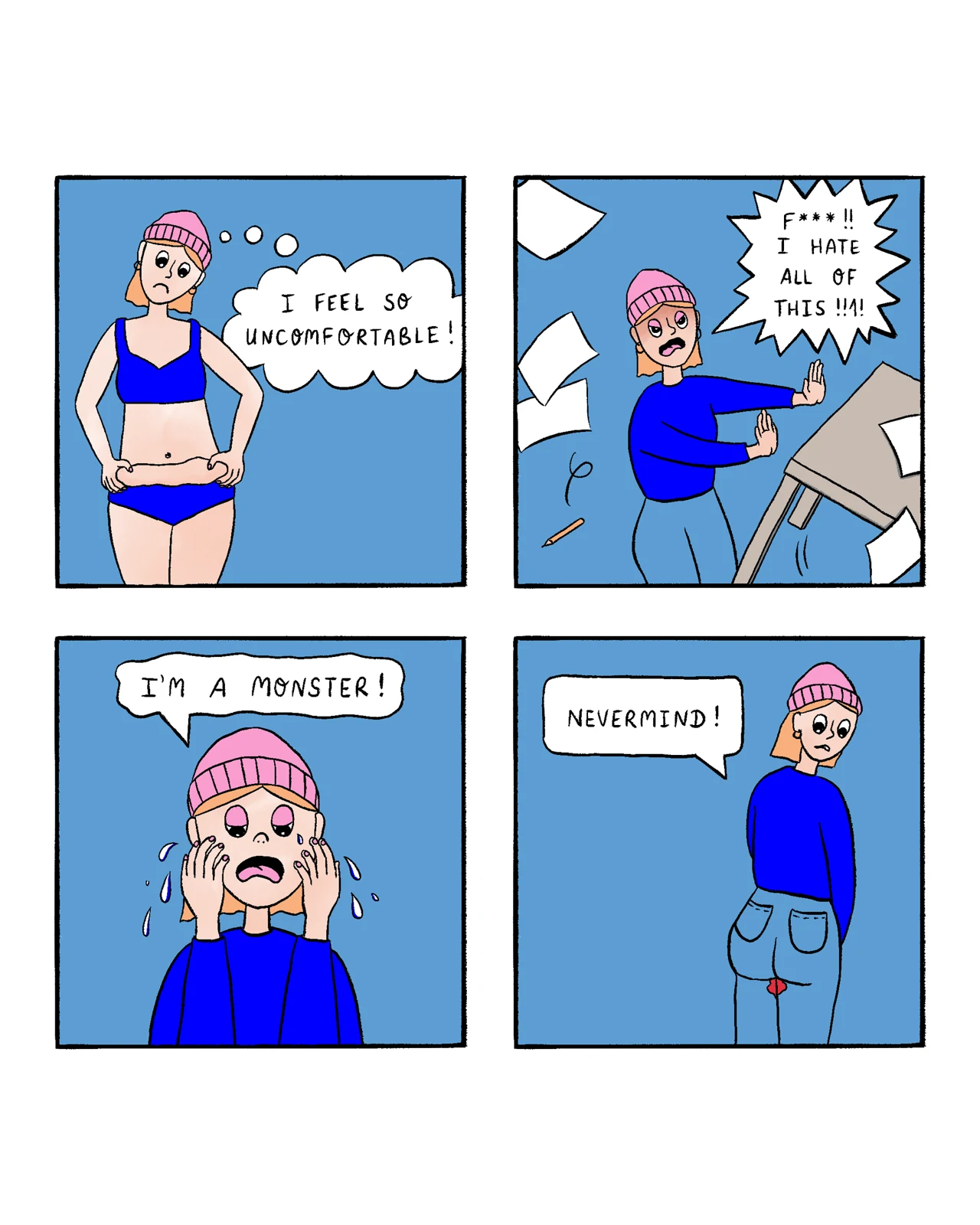 A four-panel hand-drawn comic. A person in a pink beanie first feels uncomfortable in swimwear, then angrily rejects everything, then cries that they are a monster. In the final panel they stand in oversized clothes and say “Nevermind,” with a small period stain visible on their pants.