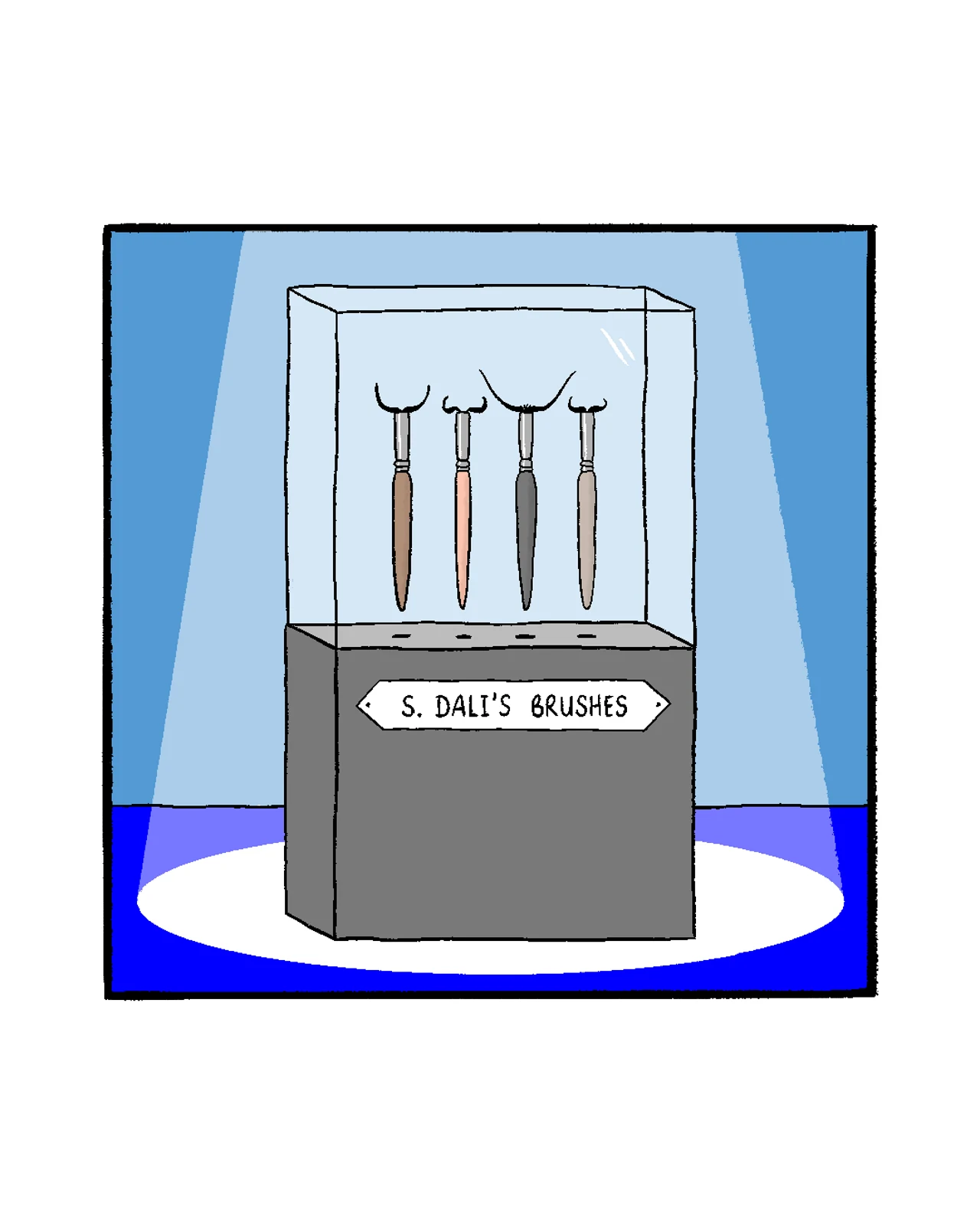 A museum display case shows four paintbrushes hanging upright, but the bristles are shaped like little moustaches. A label on the pedestal reads “S. DALI’S BRUSHES.”